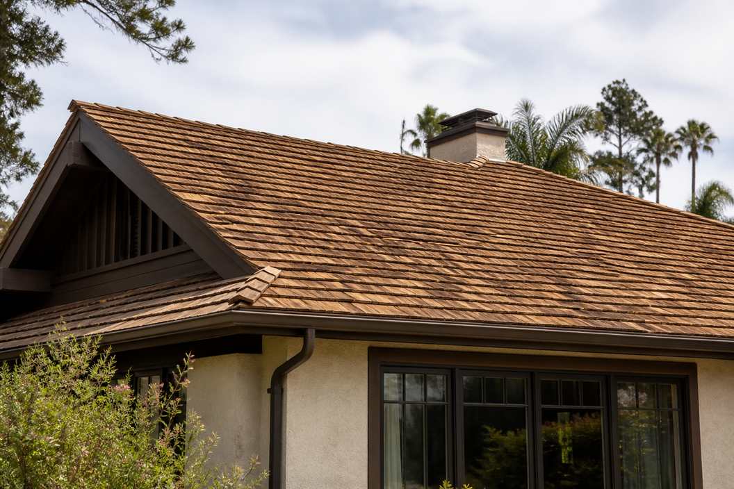 Daylight view of a completed natural cedar shake roof on a Southern California Craftsman home.