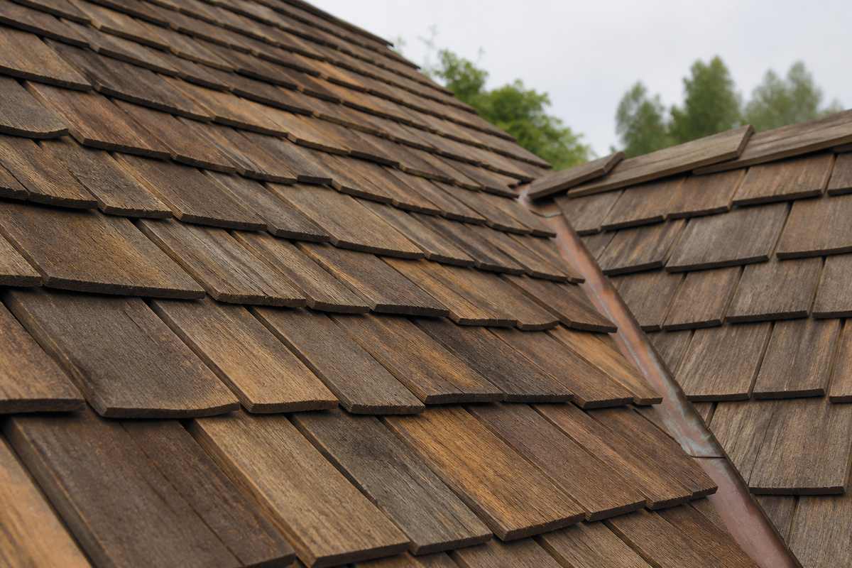 Daylight view of weathered cedar shake courses meeting a copper-lined roof valley.