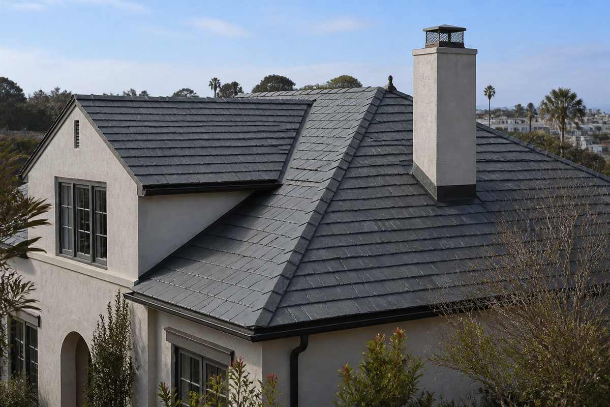 Daylight view of a completed natural slate roof on a coastal Southern California home.
